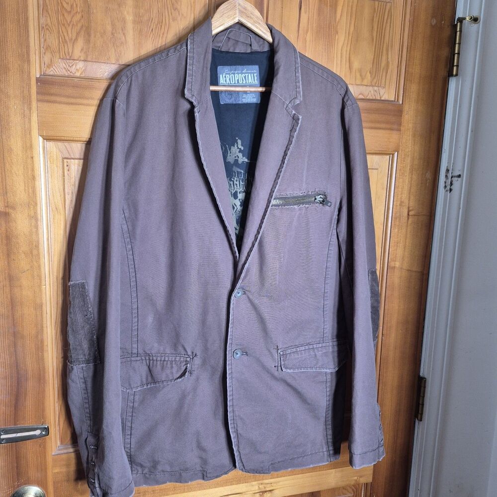 Aeropostale Mens L Distressed Brown Canvas Blazer Jacket Indie Sleaze